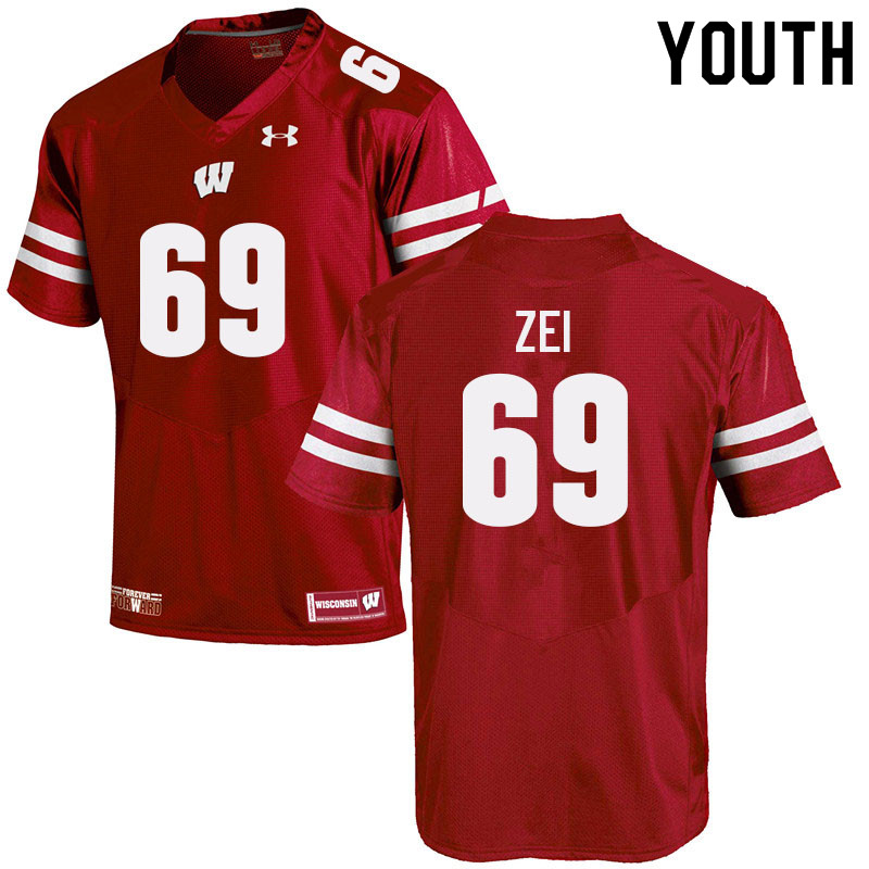 Wisconsin Badgers Youth #69 Zach Zei NCAA Under Armour Authentic Red College Stitched Football Jersey LG40F87QM